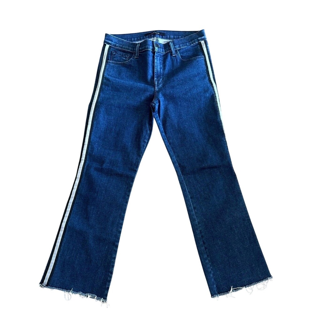 J Brand Ankle Jeans Stripe Cropped Flare Women 27 Blue Indigo Raw Hem Denim